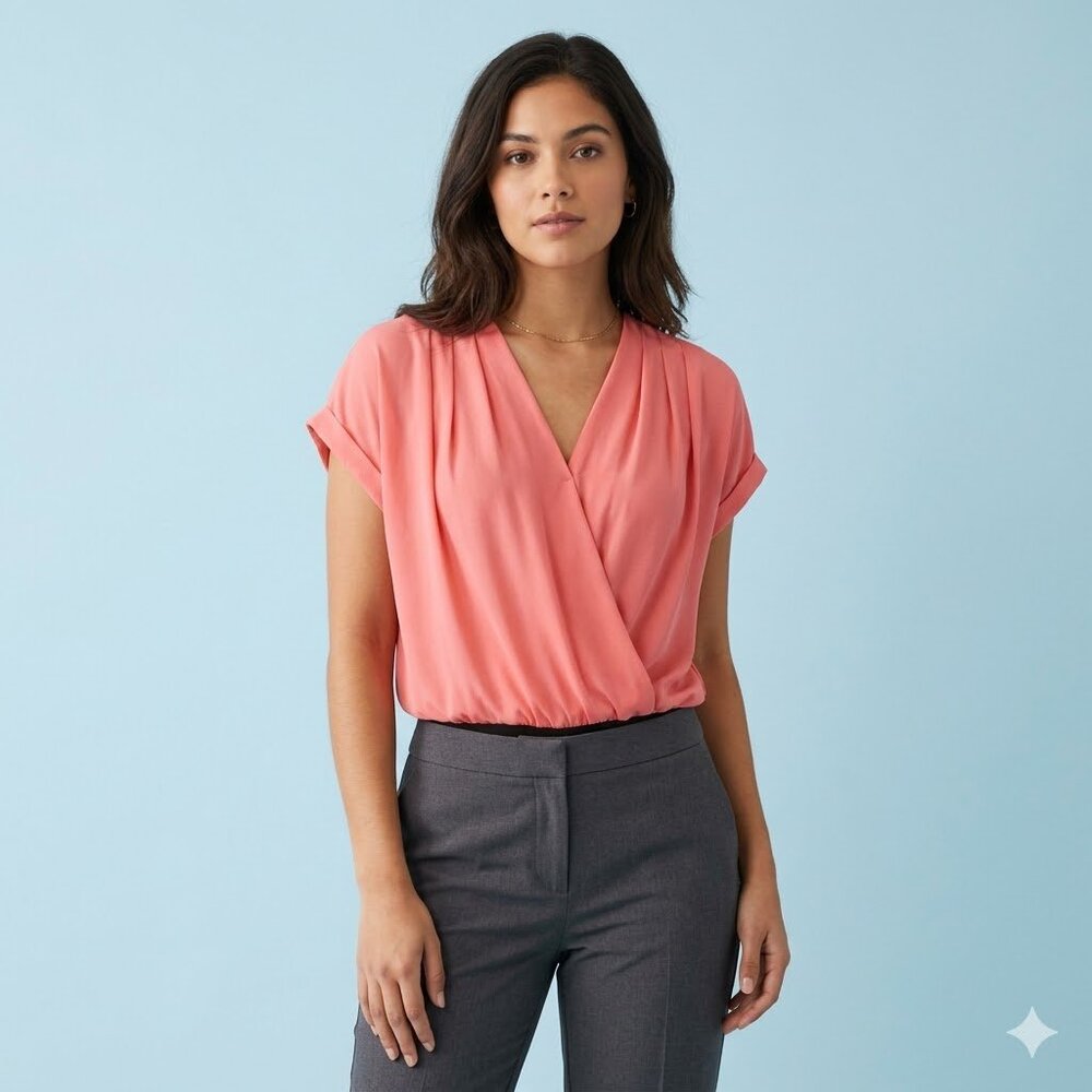 Kori NWT Pink Surplice V-Neck Bodysuit Short Sleeve Drapey Blouse Size S